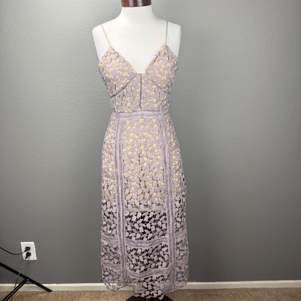 Self Portrait Lilac Guipure Lace V-neck midi dress Sz 4 Spring Kentucky Derby - Picture 5 of 11